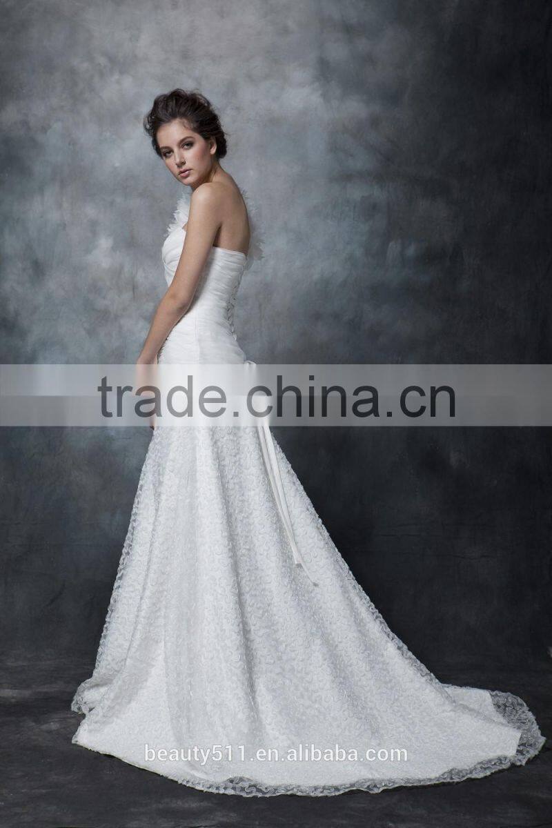 Wholesale Elegant A-line Sweetheart one shoulder Lace wedding gown with Long Sleeves wedding Bridal dress AS284