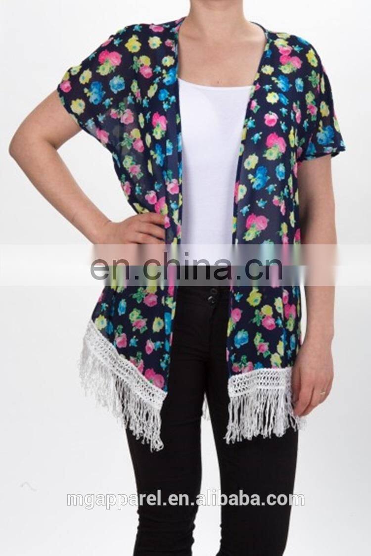 Cheap wholesale floral print no buttons sheer chiffon ladies vest with fringe