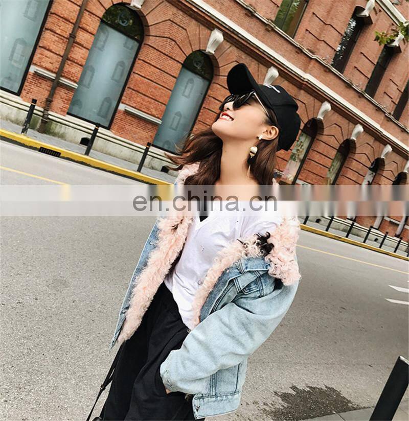 Fashion Wholesale Real Fur Lining Denim Jacket Women Lamb Fur Coat