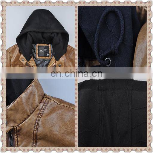 2015 last fashion handsome warm mens hooded leather jacket