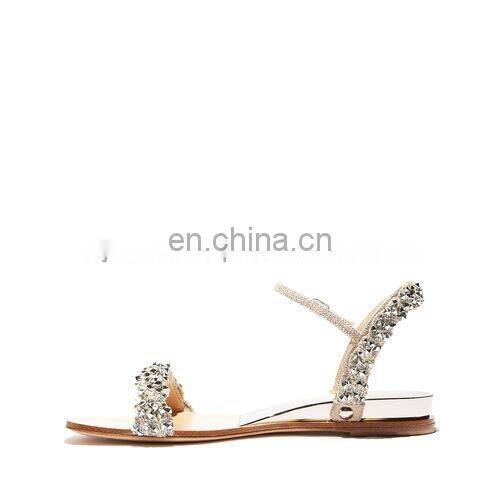 Ladies flat shoes ankle strap golden color rhinestones design women sandals