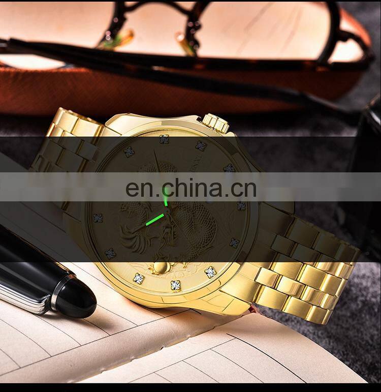 CHENXI 8220 Luxury Diamond Gold Men Watch Quartz Dragon Stainless Steel Analog Display Date Watches