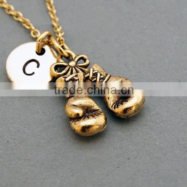 Boxing Gloves Necklace and Initial, Silver Boxing Glove Charm, Personalized Initial Necklace,Gold Silver Monogram Necklace