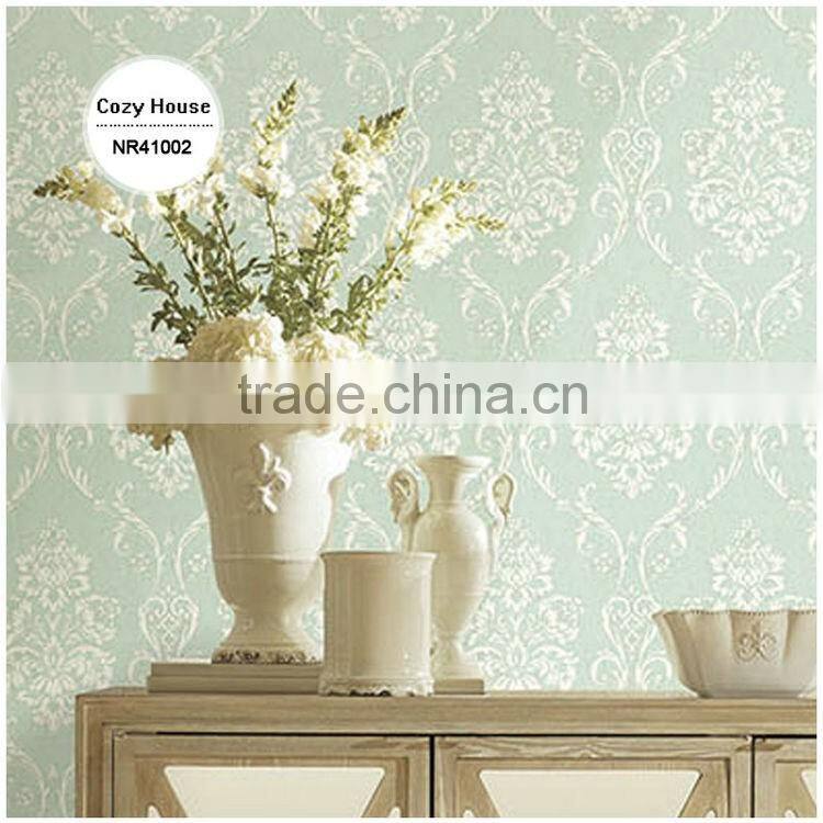 hot sale printed pvc coated wallpaper, vanilla yellow classic damask wallcovering for apartment , good wall covering corparation