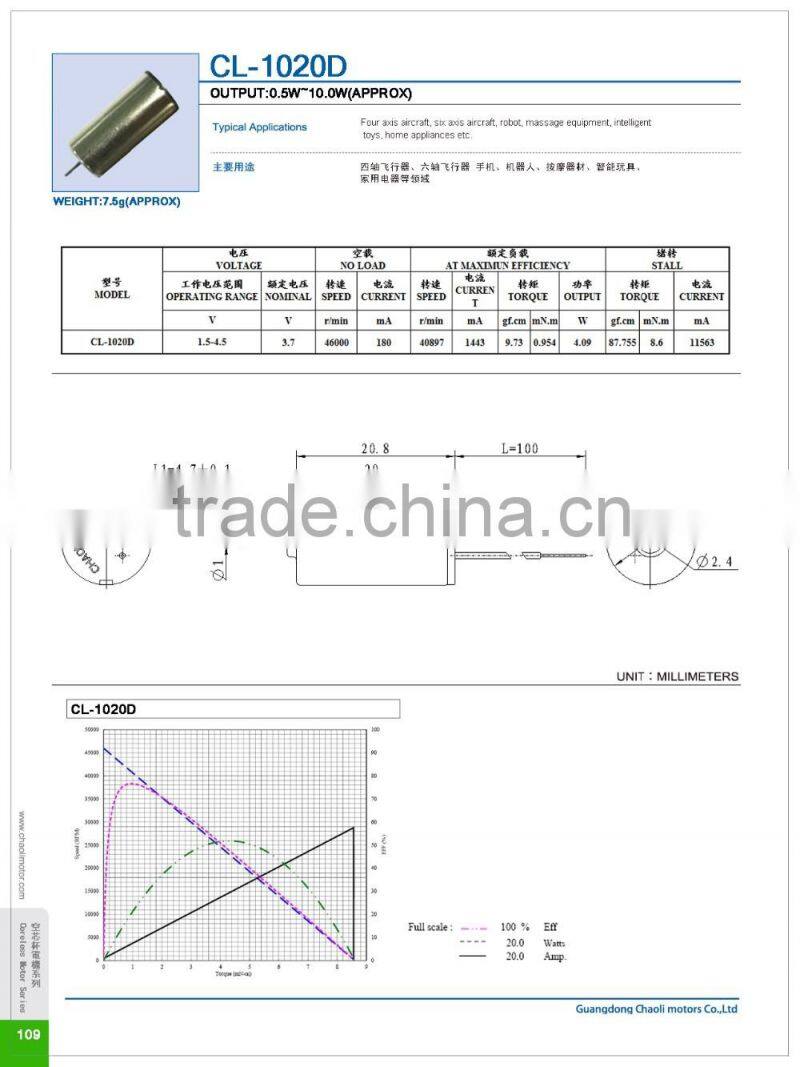 10mm 3.7V coreless motor CL-1020D with high torque and speed for 4 and 6 axis aircraft