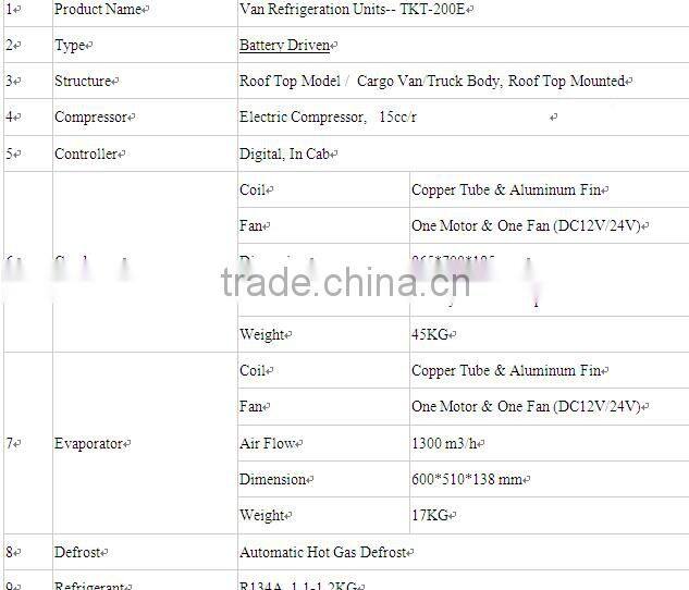 TKT-200E DC12V/24V roof battery driven van refrigeration units