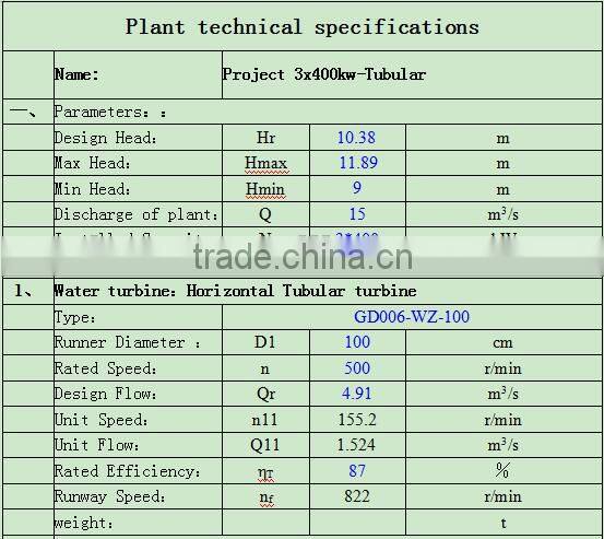 Hydropower water turbina / 400kw Tubular turbine/Hydropower plant