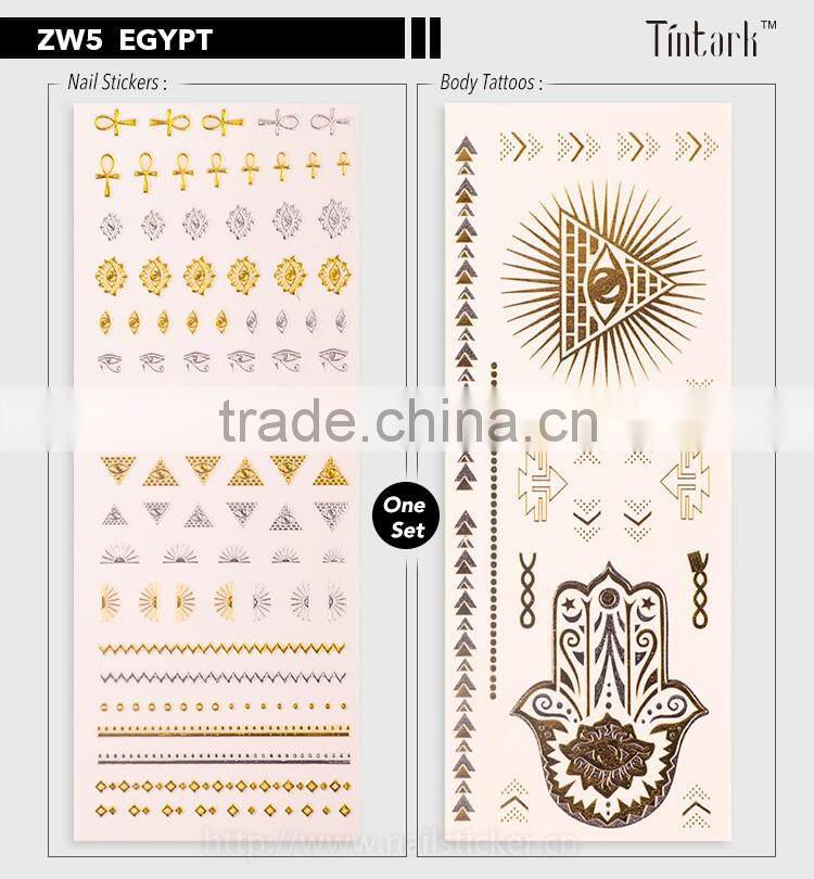 custom high quality Egyptian pattern nail art sticker decals 3d nail sticker metallic tattoo sticker set