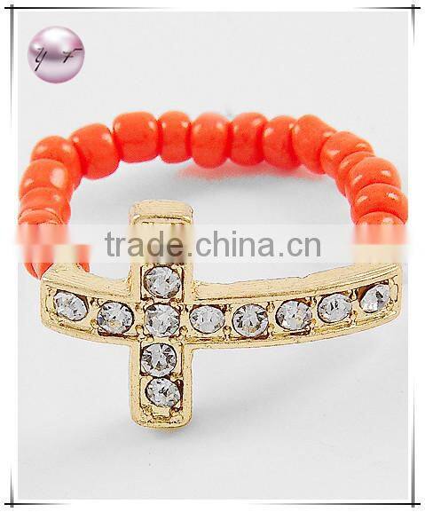 Rhodiumized Black Seed Beads Cross Stretch Ring