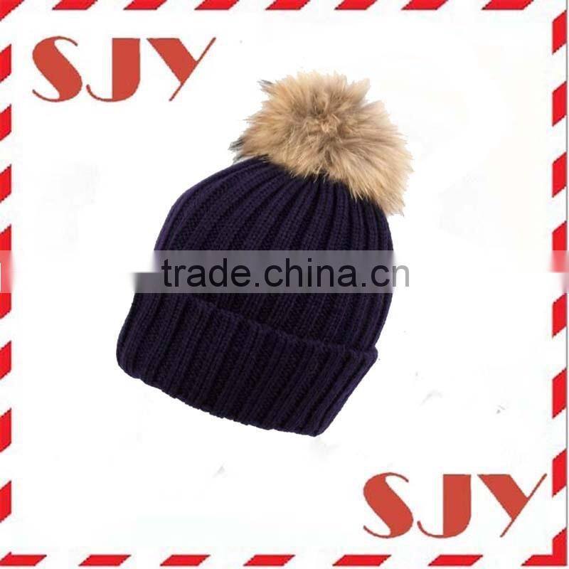 Real Large Raccoon Fur Ball Pom Pom Beanie Winter Hats