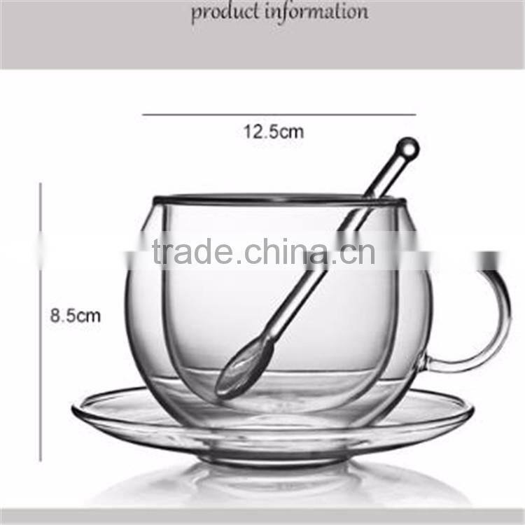 European high borosilicate heat-resistant glass coffee cup with handle,spoon and saucers.double wall glass coffee tea cup sets.
