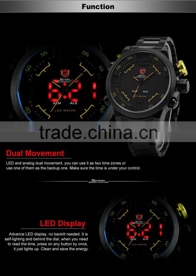 Military SHARK Analog LED Stainless Steel Sport Quartz Wrist Men Digital Watch