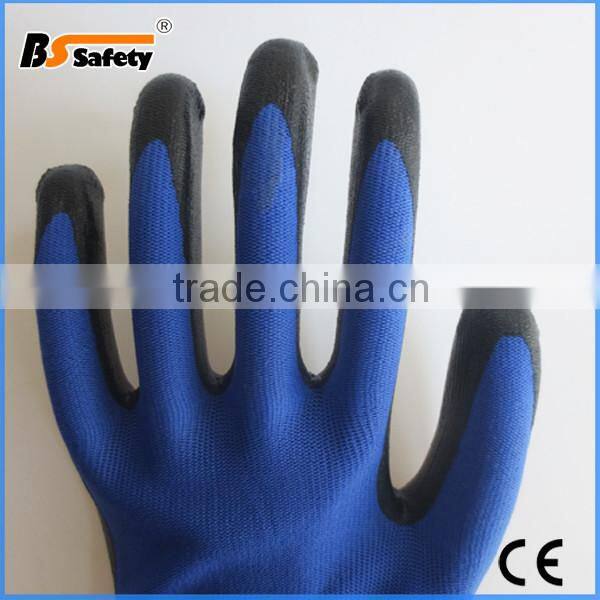 BSSAFETY blue nylon polyester gloves with black nitrile coated