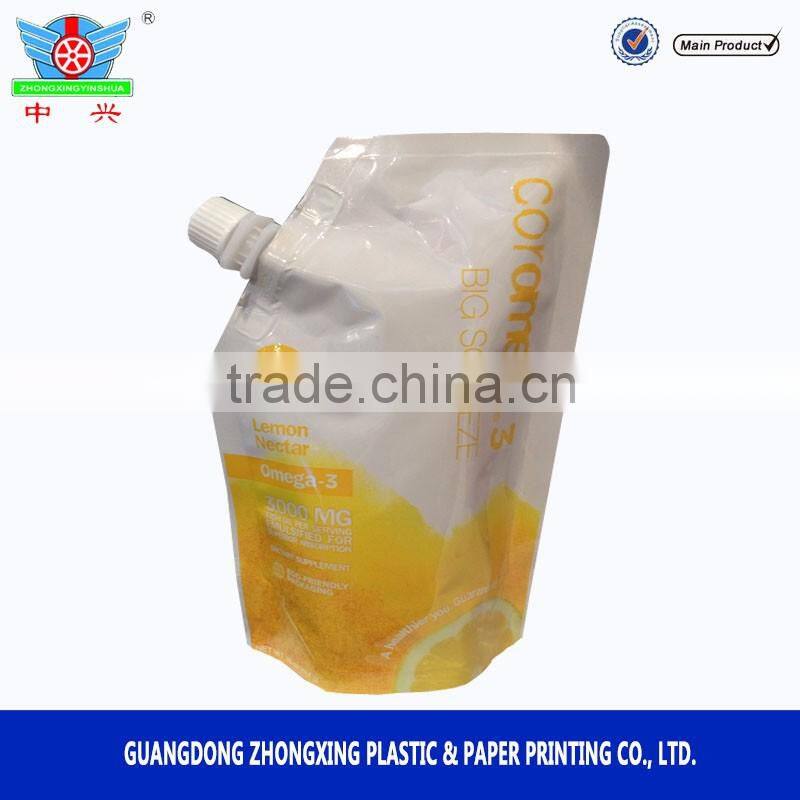 High quality aluminum foil water pack spout bag / custom printed stand up pouch with corner spout