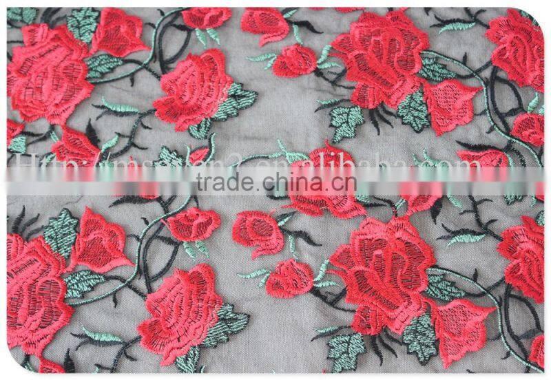 High quality fashion design red rose lace fabric embroidery for garment