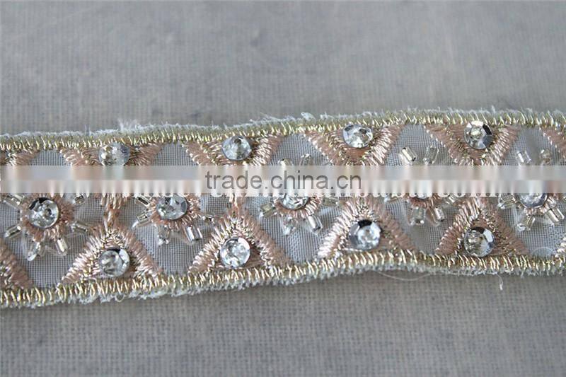 2.5cm beaded organza embroidery lace trim with cup sequins in rose gold
