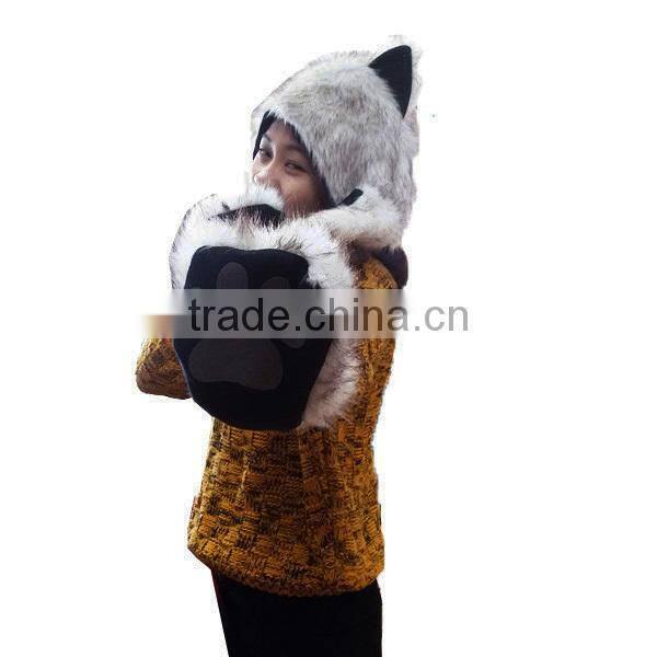 2015 White Wolf Fur Animal Hat Scarf with Paws