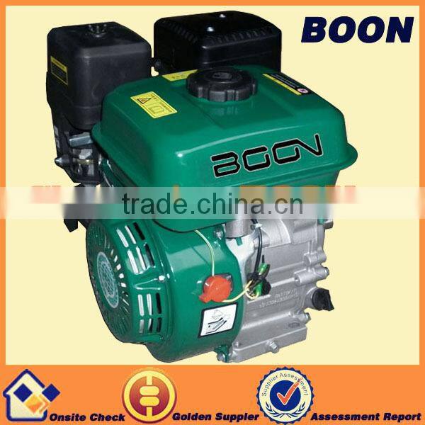 Electric engine with low oil warning gasoline engine with belt pulley