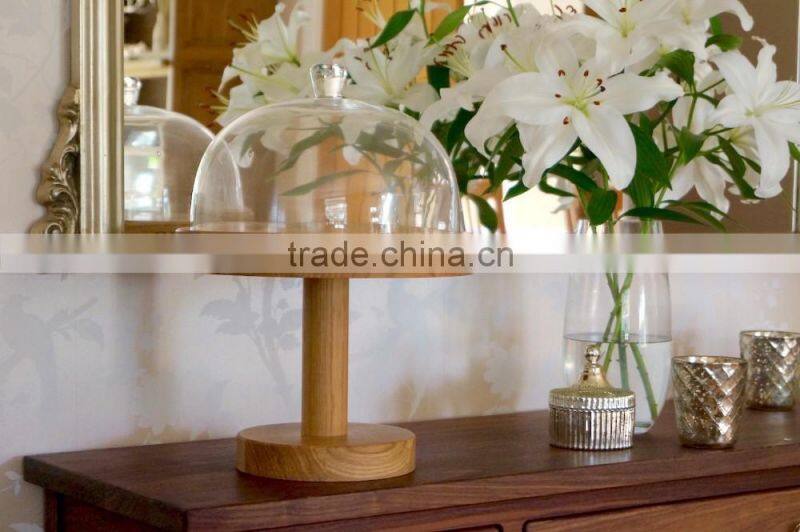 Oak Cake Stand with Laser Logo For Party Home Use Dessert Holder With Glass Cover