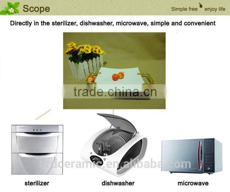 Factory supply stock cheap square white ceramic plate with Metal handle