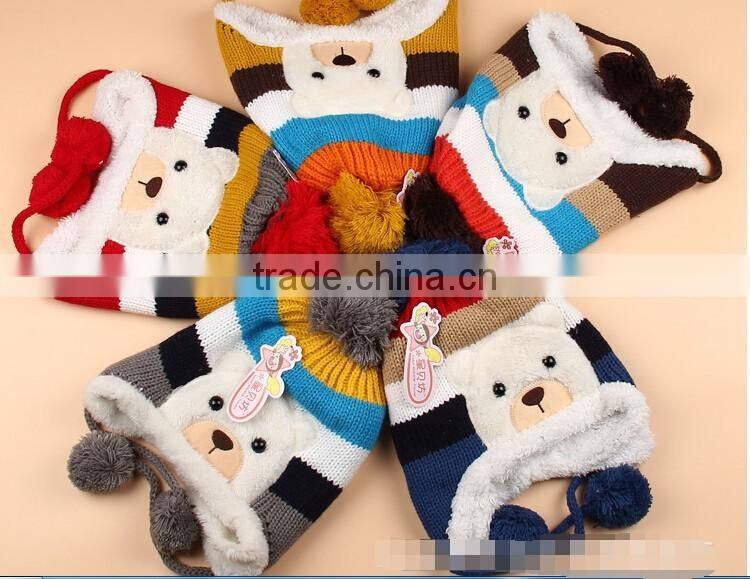 Crochet Baby Hat Stripe Pattern Cartoon Bear Design Thicken Kids Winter Caps