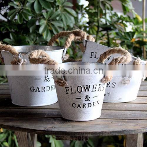 Hot sales garden zinc flower pot metal planter with string handle