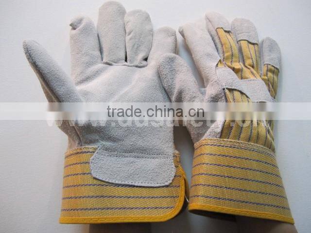 DDSAFETY 2017 Cow Split Leather Glove Full Palm Stripe Cotton Back Rubberized cuff