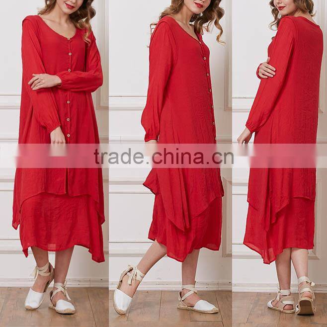 ladies beach dresses cotton-blend Red Button-Up Handkerchief short front long back dress