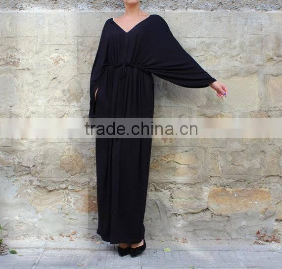 2017 Spring Summer Black Elegant Long Sleeve Maxi Evening Dress For Fat Women Casual Caftan HSD5976