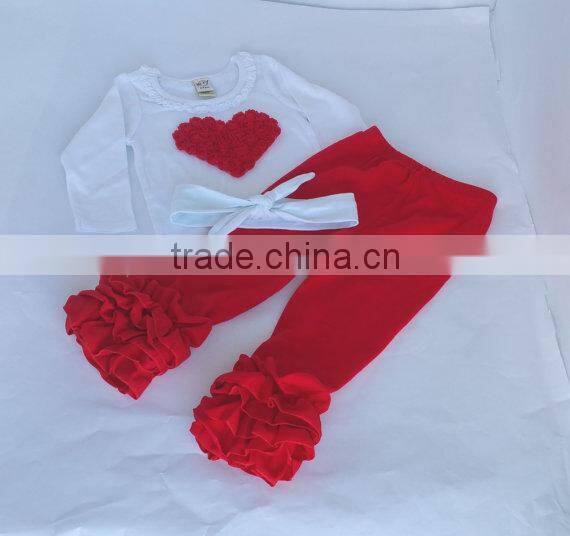 Wholesale Baby Clothes Kids Girls Clothing Plain White Top With Red Heart Triple Ruffle Pants Set Children Boutique Outfits