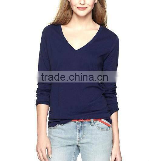 100% cotton womens deep v neck long sleeve t shirts