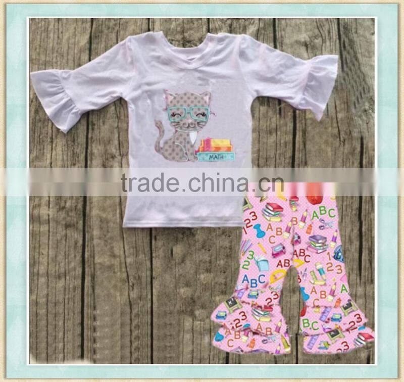 Yi wu New arrival embroidery clothing 2017 wholesale girl boutique outfit new arrival back to school sets photo design