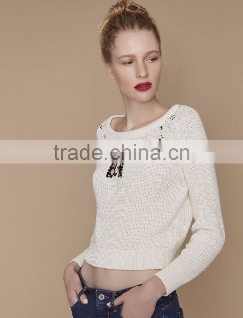 2017 Girl's Cotton Knitted With Beading Short Sweater Designs