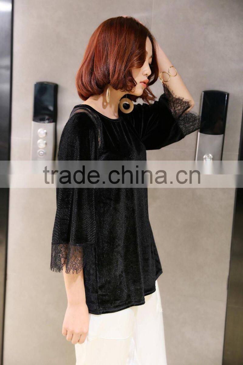 Black 3/4 sleeven loose wear t shirt for fat women