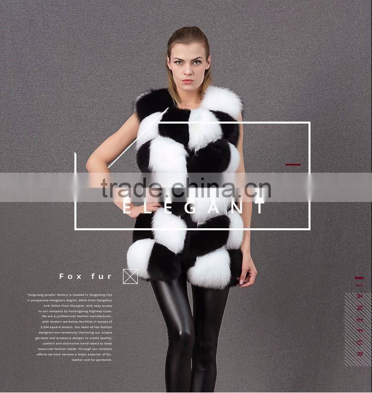 Beautiful black white color fur hand sewing long fur vest women real fox fur gillets