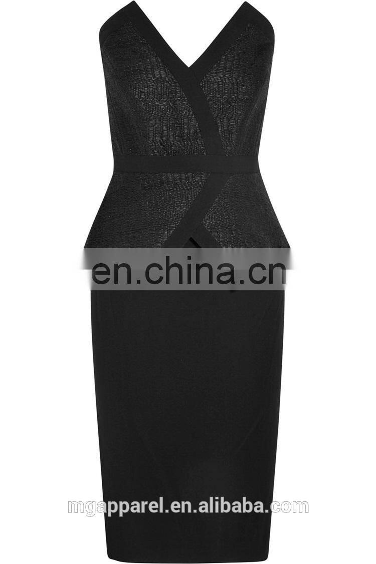 wholesale women sexy dress strapless peplum midi dress woven and crepe black peplum dress