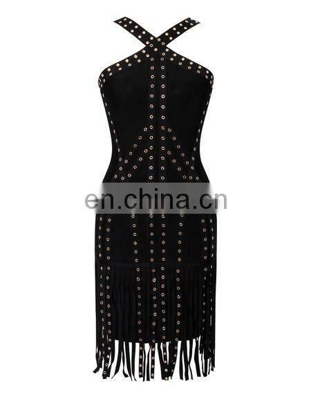 Amigo 2017 new style sexy cross strap tassel bandage dress midi eyelet beaded evening dresses for women club wear