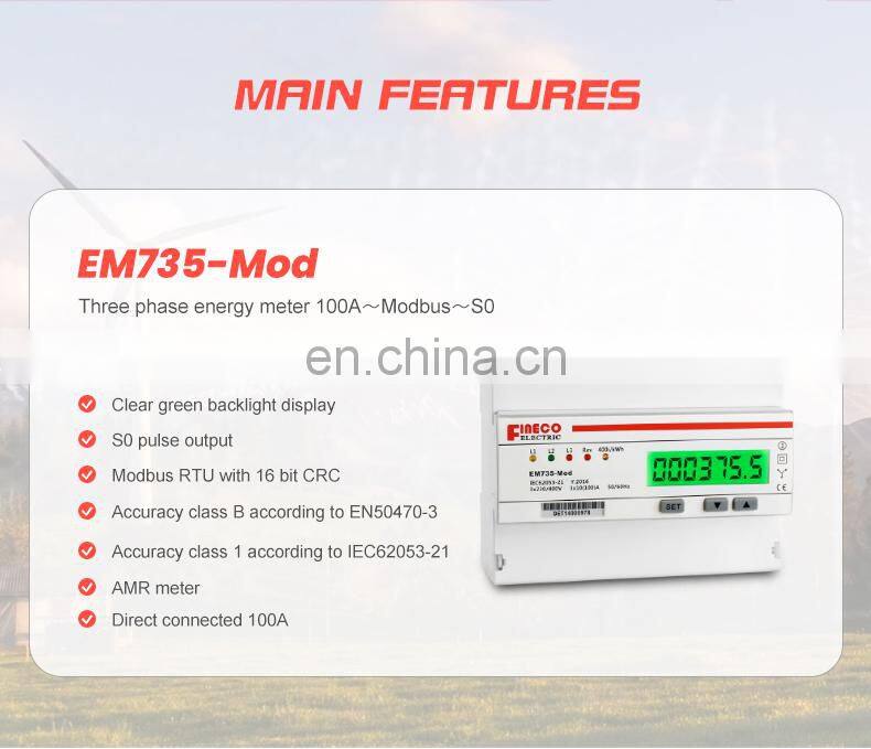 EM735-Mod 3*230/400V 10(100)A three phase din rail install wattmeter programmable energy meter