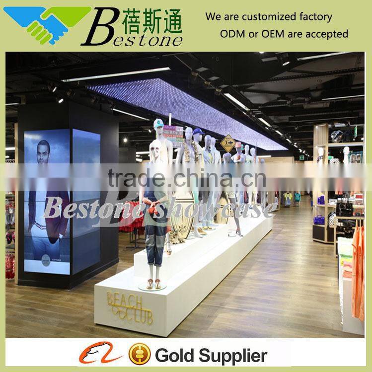 Pure white MDF shop and showroom furniture garment display, furniture for clothing store