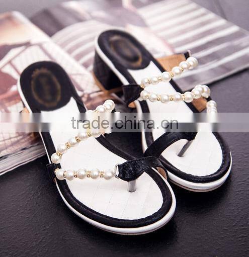 Roman style women sandals thick heel pearls summer shoe Large size bulk shoes with pearls