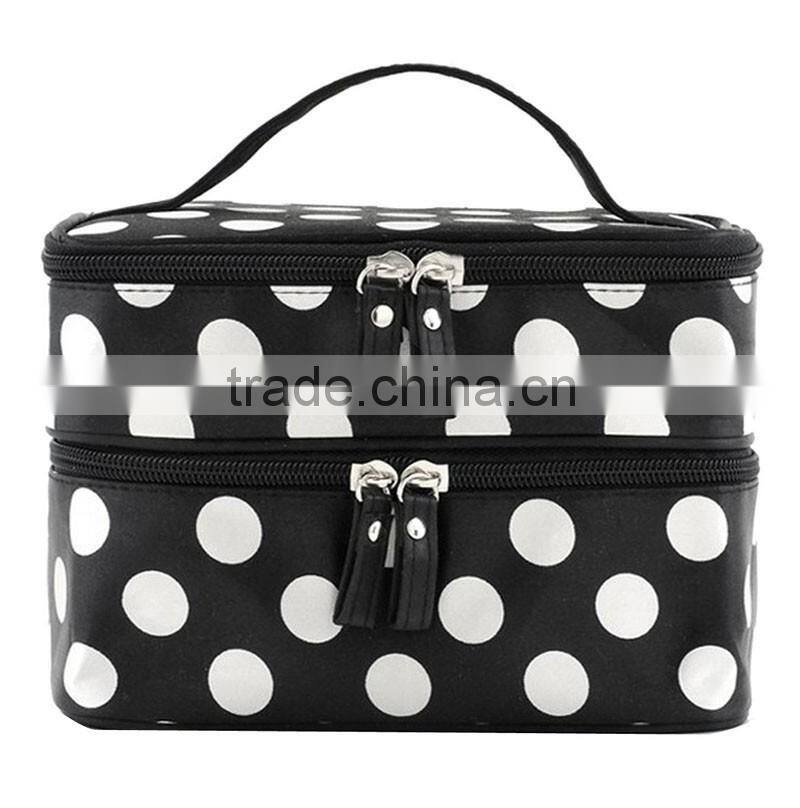 Fashion cosmetic bag double layer dot pattern travel toiletry bag organizer with mirror