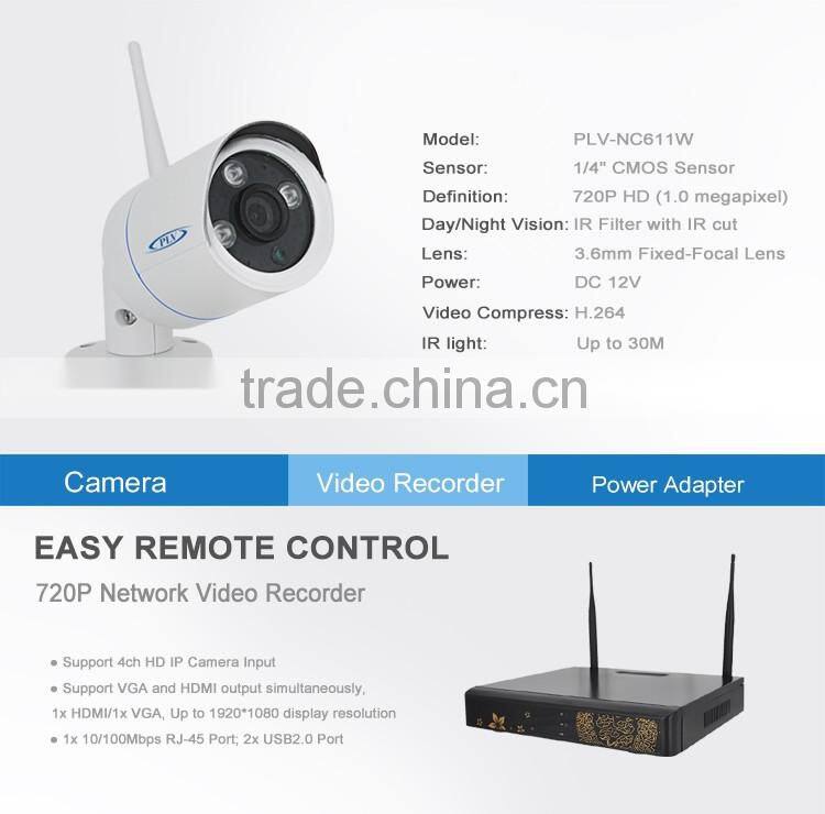 PLV 720P cctv wireless security camera system wireless H.264 4ch wireless NVR Kit