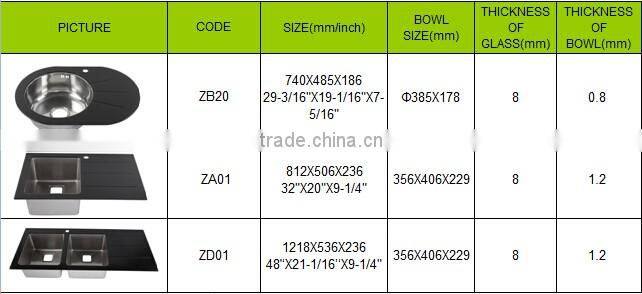 Durable Stainless Steel bowl tempered glass top basin sink for kitchen with glass drainboard