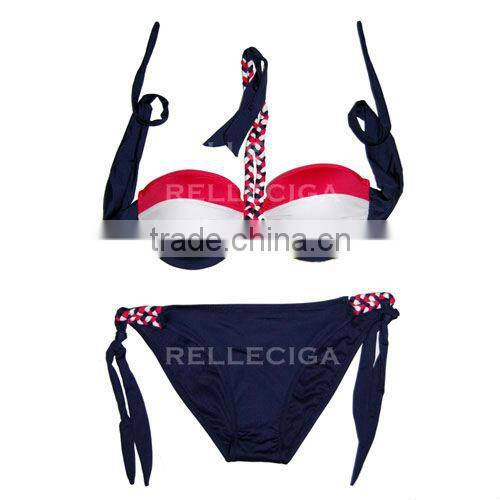 RELLECIGA Bandeau Bikini Series - Colorful Lines Print 1/2 Cup Bandeau Top Girls Swimwear Bikini with Braided Halter