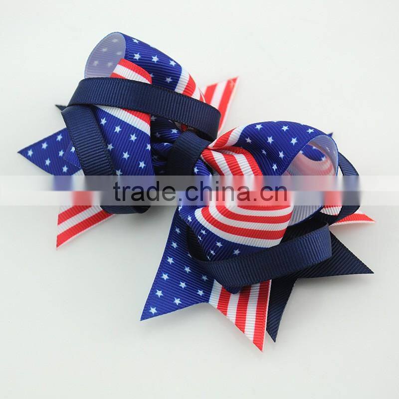 Unique design america flag big bowknot shape hair accessories silk ribbon hair pins