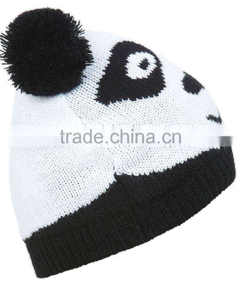 100% acrylic panda pattern jacquard hat with bobbles