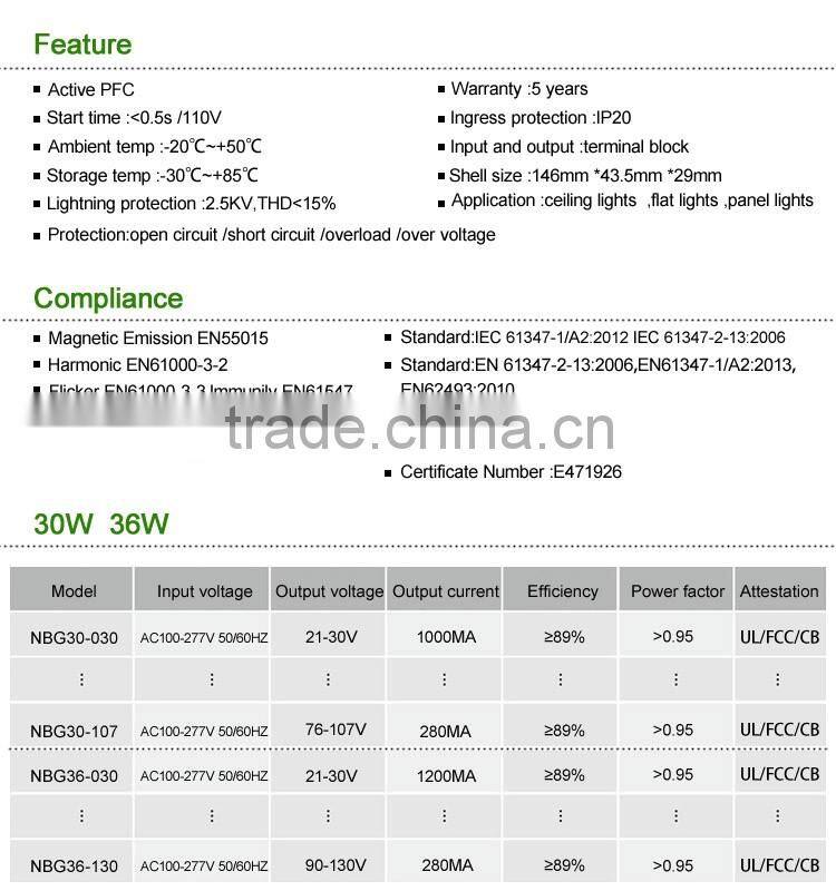 36W 600ma led light driver TUV CE SAA Approved for indoor
