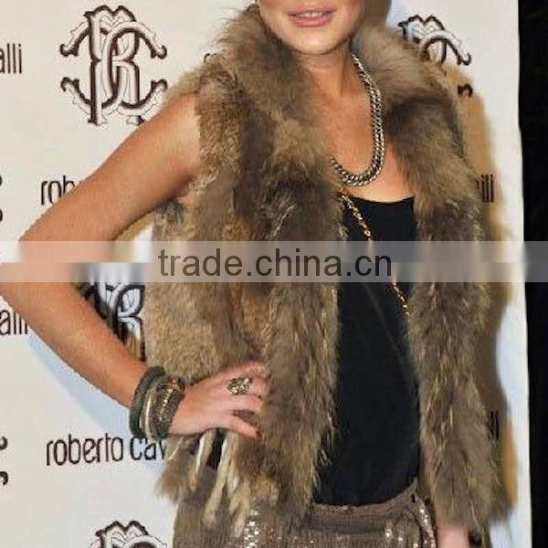 Wholesale Genuine Knitted Rabbit Fur Vest with Raccoon Fur Collar