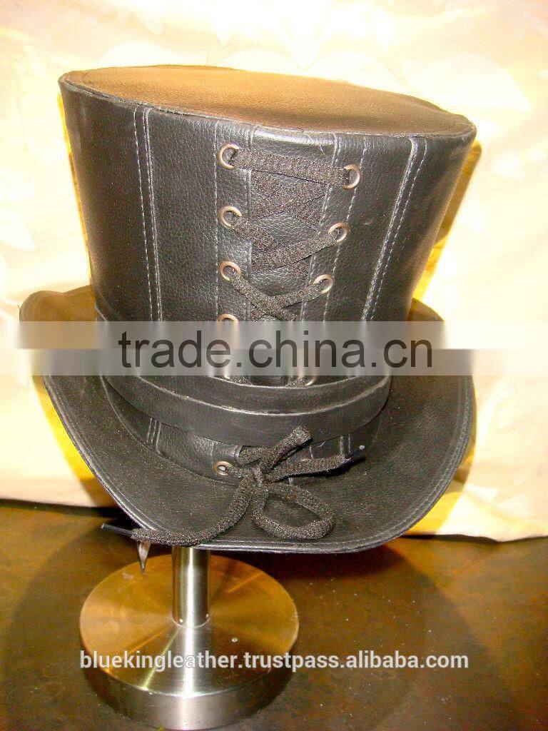BLACK LEATHER STEAM-PUNK GOTHIC CORSET MEN'S & WOMEN' TOP HAT