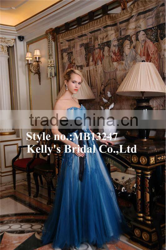 Princess Style Appliqued Lace Beaded Blue Lace Wedding Dress